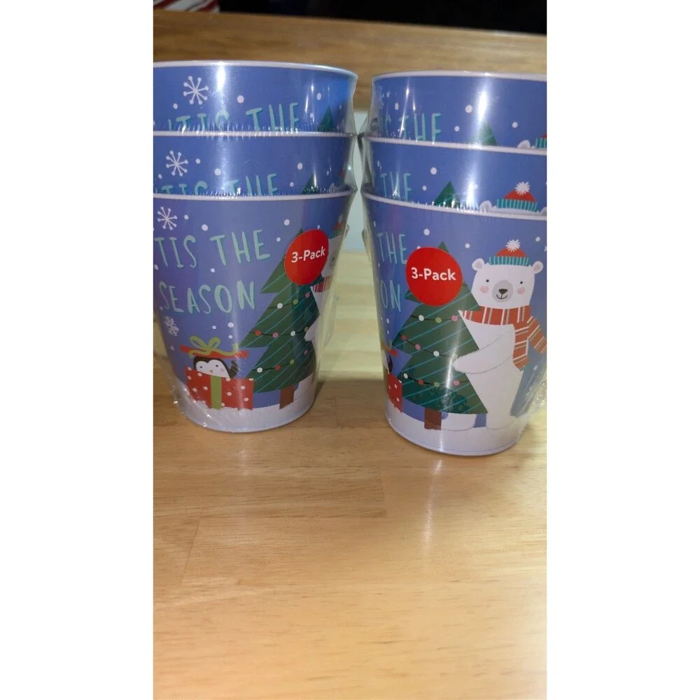 6 Metal “Tis The Season” White Blue Snow Dog New Green Tree Gift Bucket Cup 4.5”